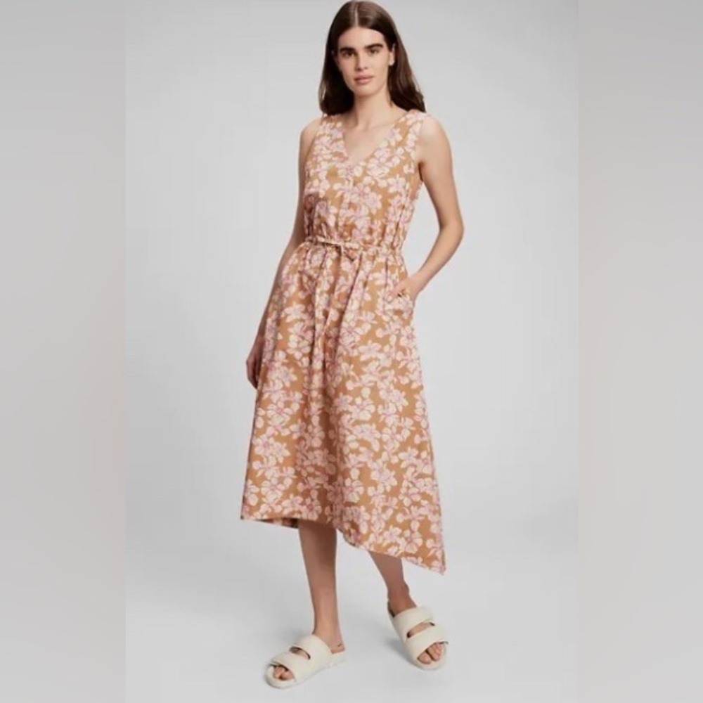 Like New GAP Brown & Pink Floral Sleevless Cotton Dress A Line w/Pockets V Neck
